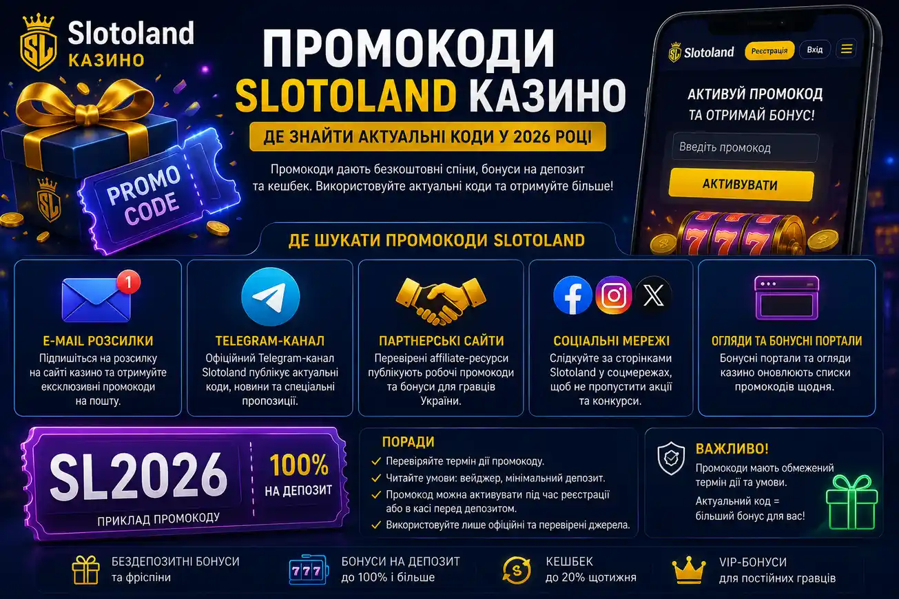 Слотоленд казино промокод та бездепозитний бонус 2026 — таблиця актуальних кодів